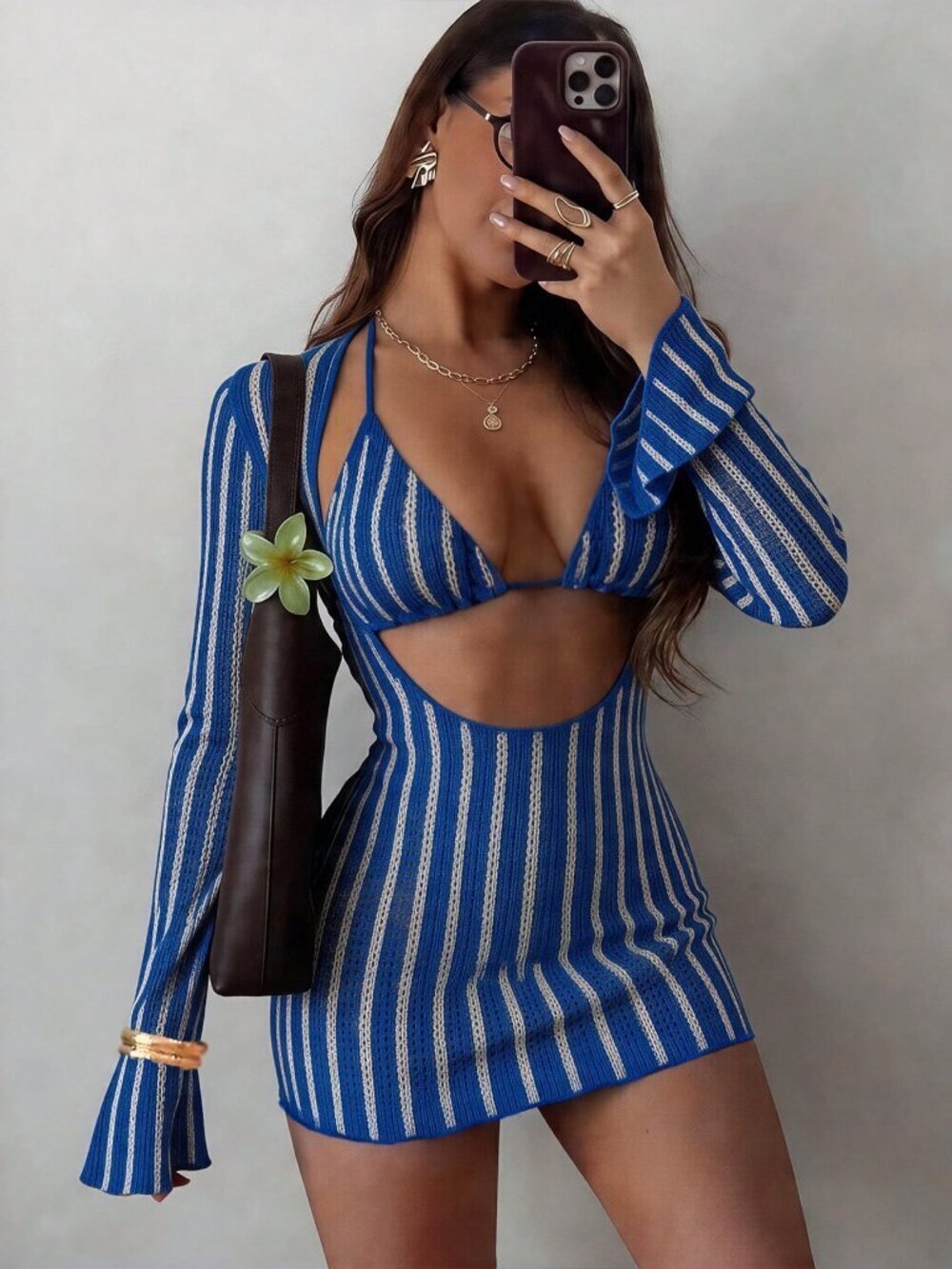 Blue Sexy Hollow Striped Women's Cover-Up Triangle Bikini Set